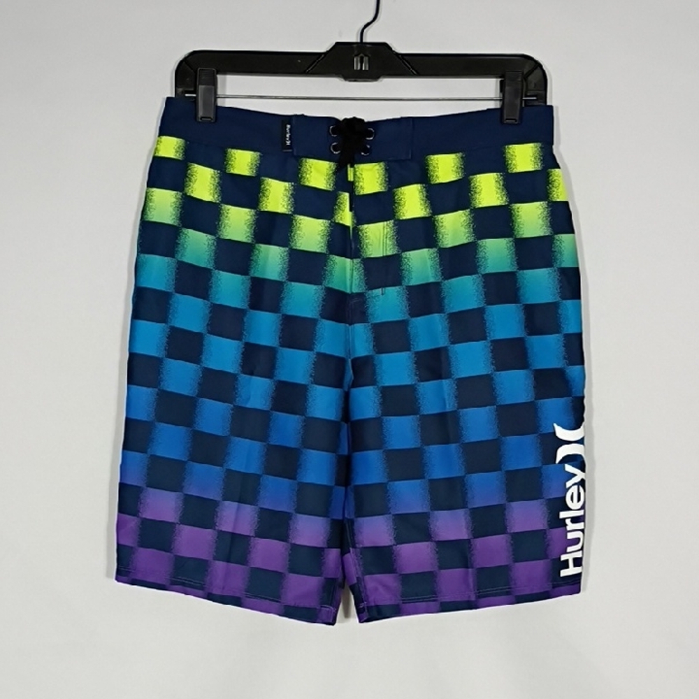 Hurley Boys Blue and Green Checkered Obsidian Board Shorts Size 16/28 9" Inseam